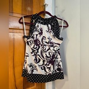 White House Black Market Black, White, & Purple Floral And Dots Blouse Sz S